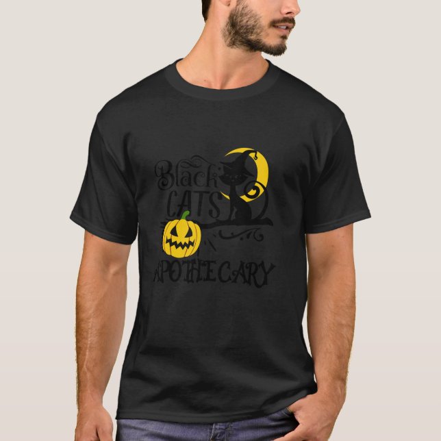 Scary Black Cats Apothecary Retro Pumpkin Hallowee T-Shirt (Front)