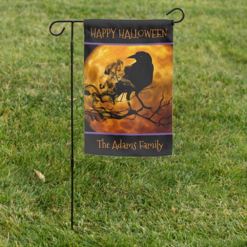 Scary Black Crow  Orange  Black Halloween Garden Flag