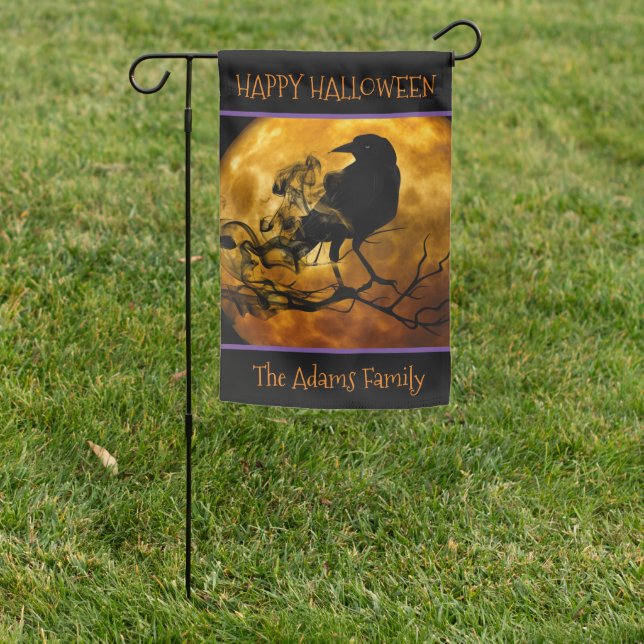 Scary Black Crow | Orange & Black Halloween Garden Flag (In SItu)