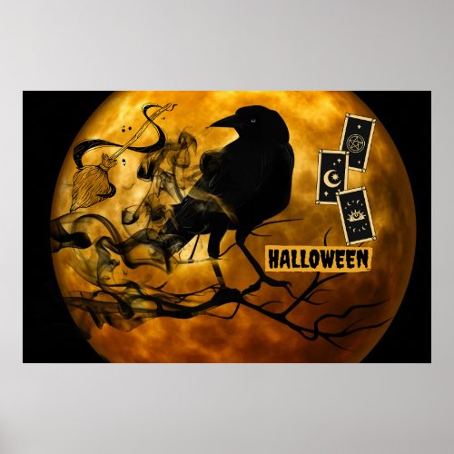Scary Black Crow Tarot Cards Halloween Full Moon  Poster