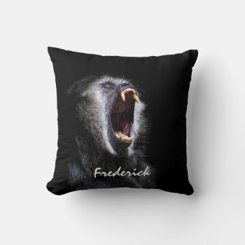 Scary Black Gibbon Monkey Fanged Teeth With Name Throw Pillow by PhotographyTKDesigns at Zazzle