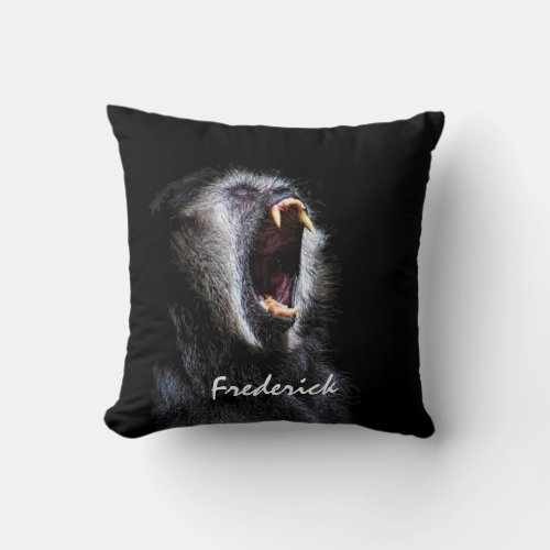 Scary Black Gibbon Monkey Fanged Teeth With Name Throw Pillow