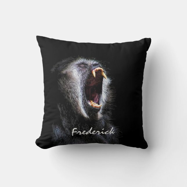 Scary Black Gibbon Monkey Fanged Teeth With Name Throw Pillow (Front)