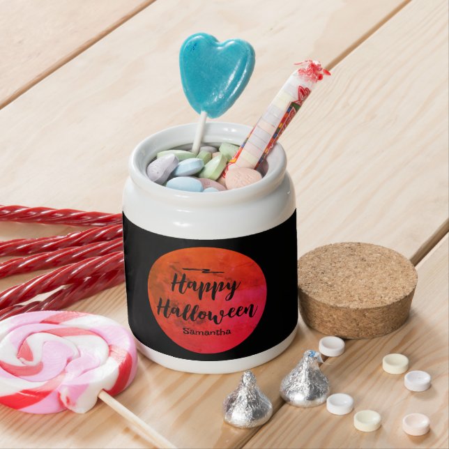 Scary Black Orange Full Moon Happy Halloween Candy Jar (In Situ)