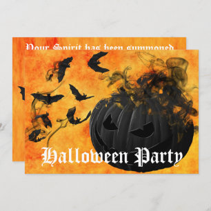 Scary Black Pumpkin and Bats Halloween Party Invitation