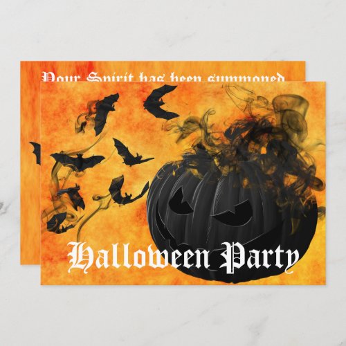 Scary Black Pumpkin and Bats Halloween Party Invitation