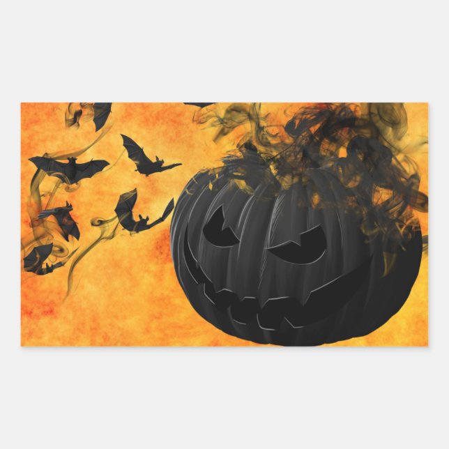 Scary Black Pumpkin and Bats Halloween Party Rectangular Sticker (Front)