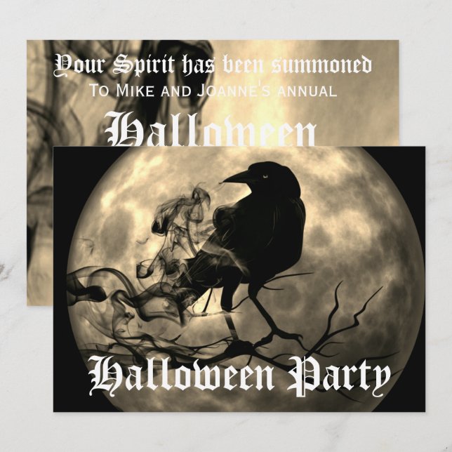Scary Black Raven Full Moon Halloween Party Invita Invitation (Front/Back)