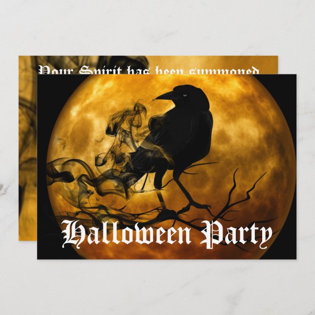 Scary Black Raven Full Moon Halloween Party Invitation (Front/Back)