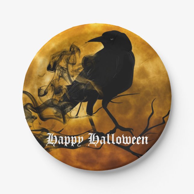 Scary Black Raven Full Moon Halloween Party Paper Plates (Front)