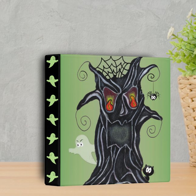 Scary Black Tree Face Ghost Cat Spider Binder (Spooky laughing black tree with cat, ghosts, spider on green black binder for Halloween.)