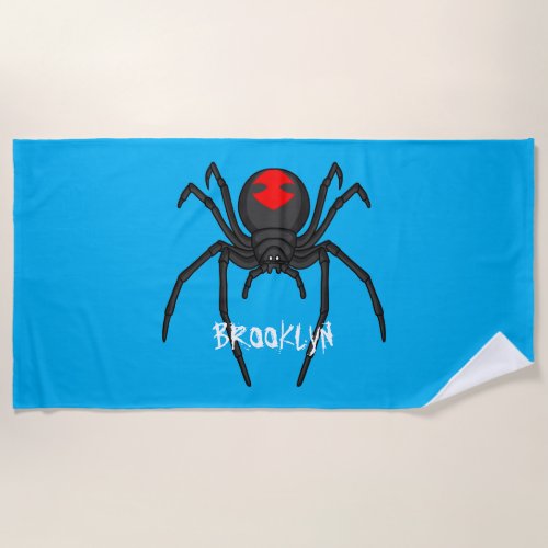 Scary black widow spider cartoon illustration  beach towel