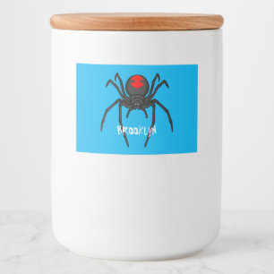 Scary black widow spider cartoon illustration  food label