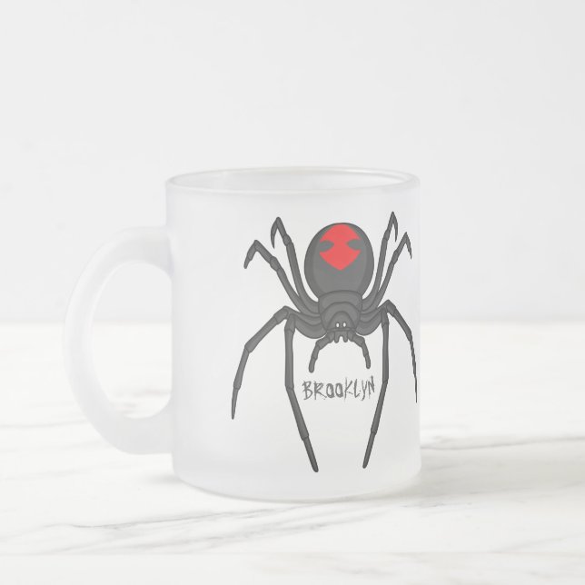 Scary black widow spider cartoon illustration frosted glass coffee mug (Left)