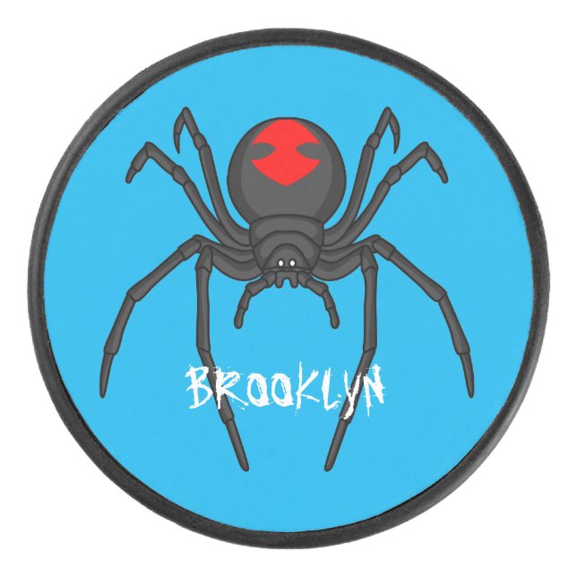 Scary black widow spider cartoon illustration  hockey puck (Front)