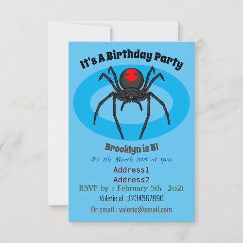 Scary black widow spider cartoon illustration invitation