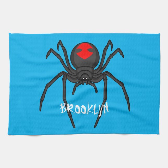 Scary black widow spider cartoon illustration kitchen towel (Horizontal)