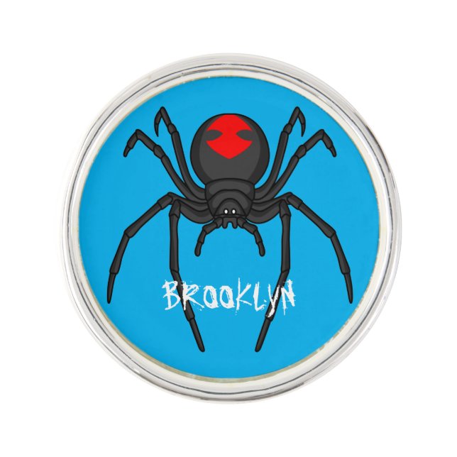 Scary black widow spider cartoon illustration lapel pin (Front)