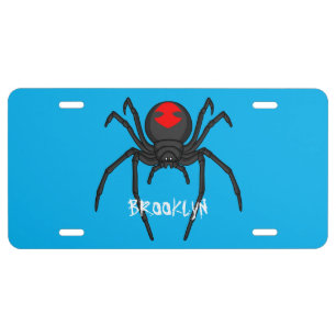 Scary black widow spider cartoon illustration license plate