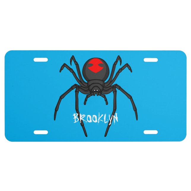 Scary black widow spider cartoon illustration license plate (Front)