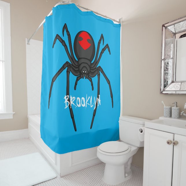 Scary black widow spider cartoon illustration shower curtain (In Situ)