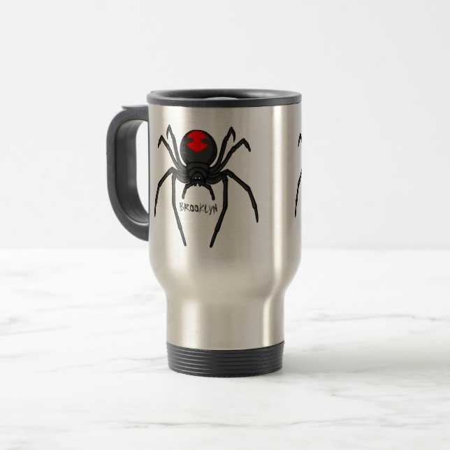 Scary black widow spider cartoon illustration travel mug (Front Left)