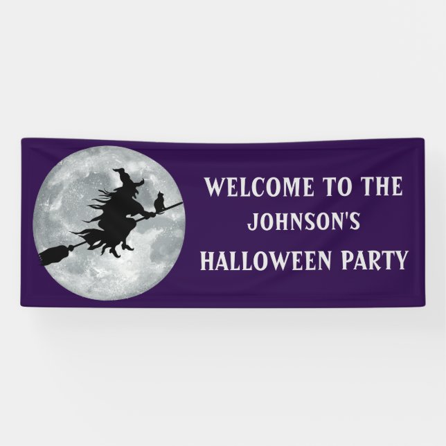 Scary Black Witch and Cat Halloween Party Banner (Horizontal)