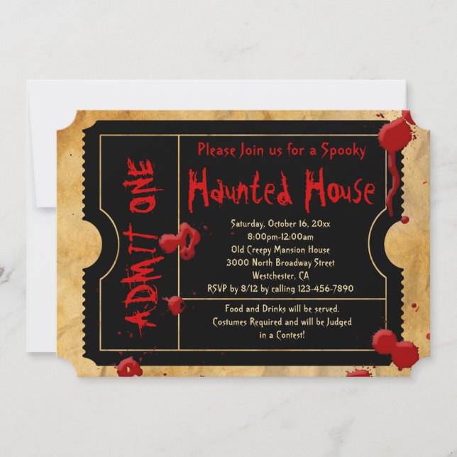 Scary Blood Splatter Haunted House Party Ticket Invitation (Front)