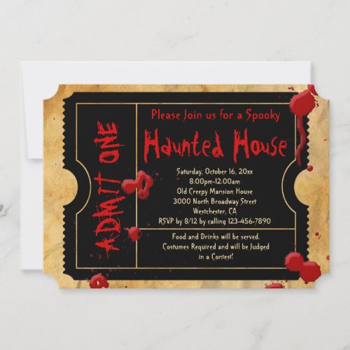 Scary Blood Splatter Haunted House Party Ticket Invitation