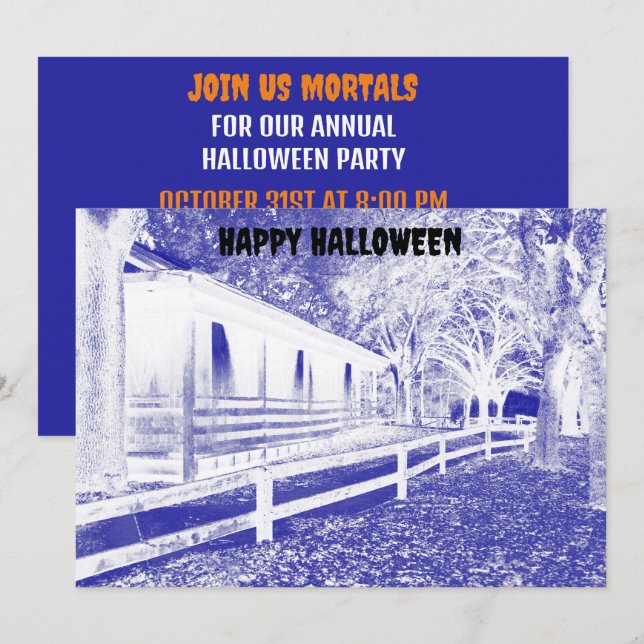 Scary Blue Cabin Woods Halloween Party Invitation (Front/Back)