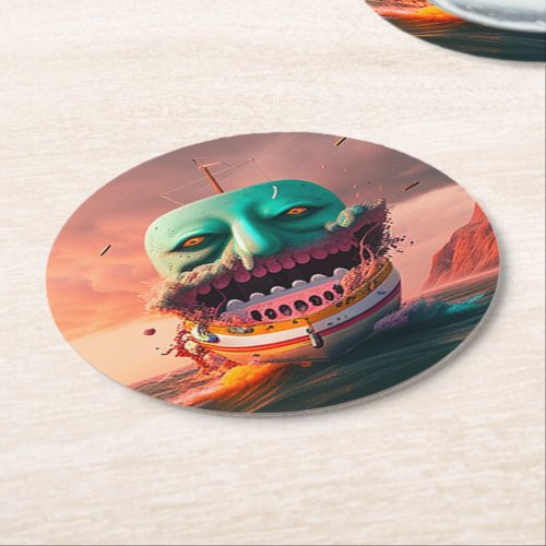 Scary boat round paper coaster