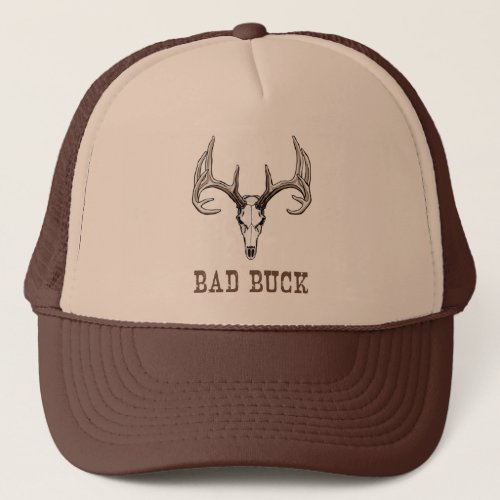 Scary buck elk or deer skull with antlershorns trucker hat