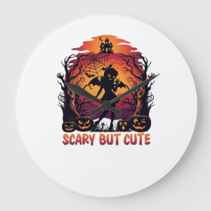 Scary But Cute Halloween Bat Girl Pumpkins Haunted Large Clock