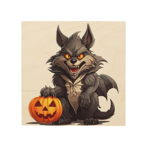 Scary cartoon wolf with a Halloween pumpkin Wood Wall Art