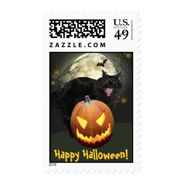 Scary Cat And Pumpkin Halloween Postage Stamps