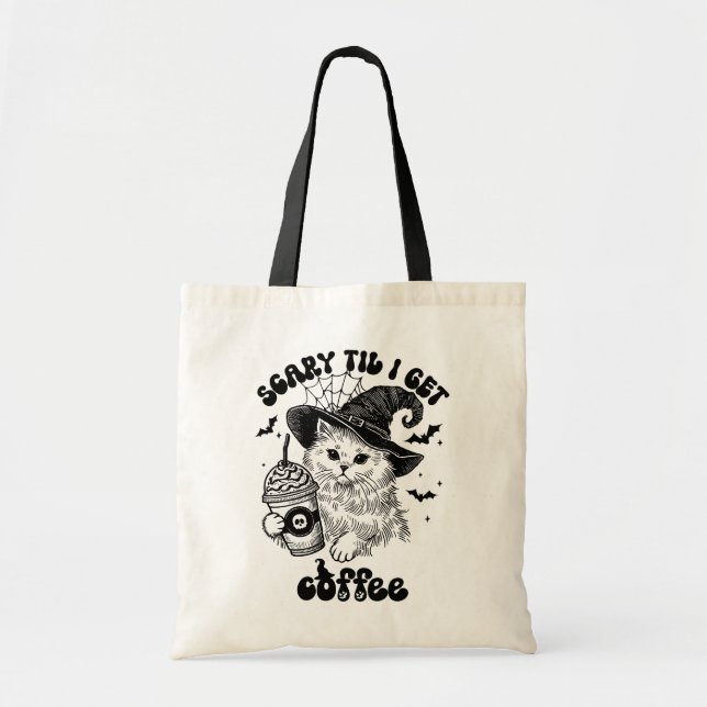 Scary Cat Coffee Cute Halloween Tote Bag (Front)