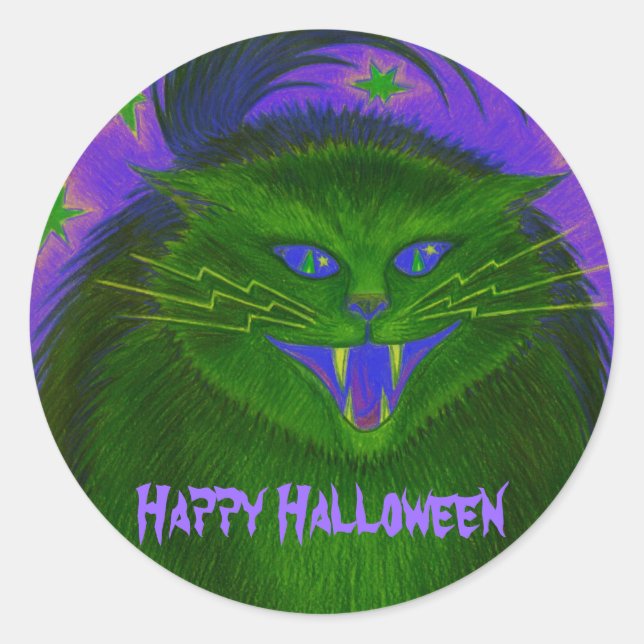 Scary Cat Green 'Happy Halloween' sticker (Front)