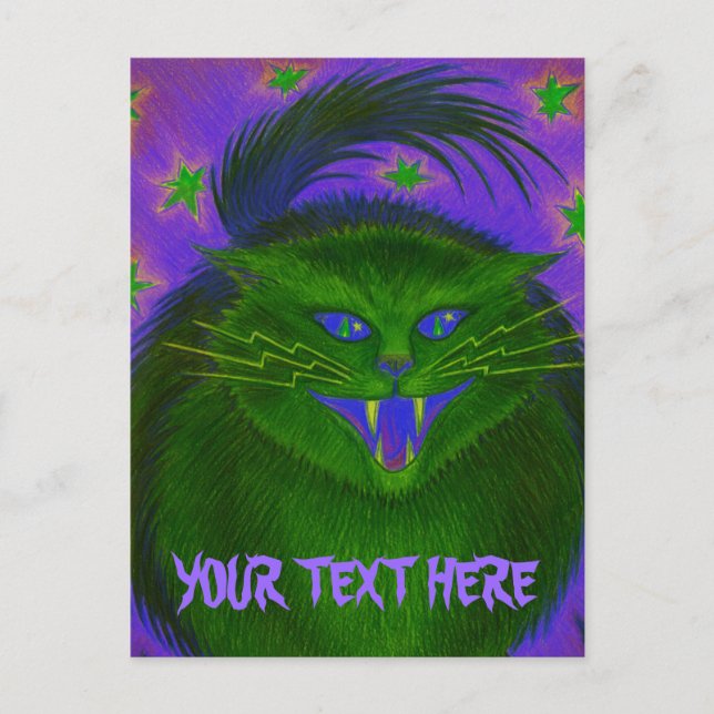 Scary Cat Green 'Your Text' postcard (Front)