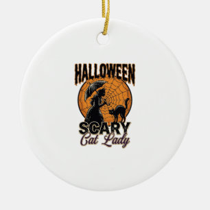 Scary Cat Lady Halloween Witch Web Vintage Shirt_1 Ceramic Ornament