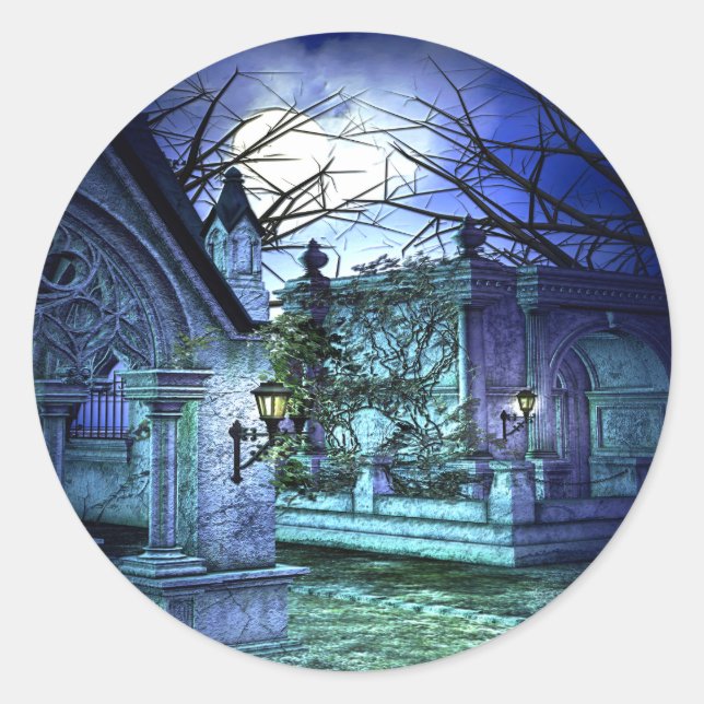 Scary Cemetery with Graveyard and Tombs Classic Round Sticker (Front)