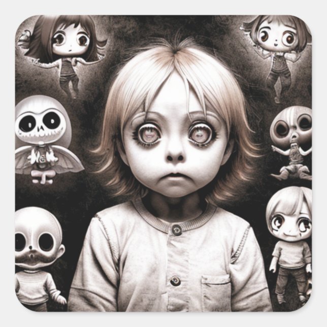 Scary Child with Hypnotizing Eyes Halloween Square Sticker (Front)