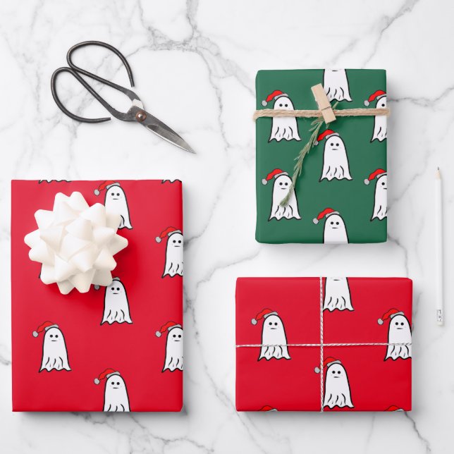 Scary Christmas Ghost with Santa Hat  Wrapping Paper Sheets (Front)