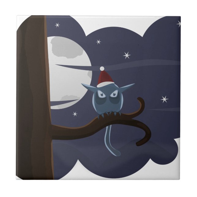 scary christmas owl ceramic tile (Front)