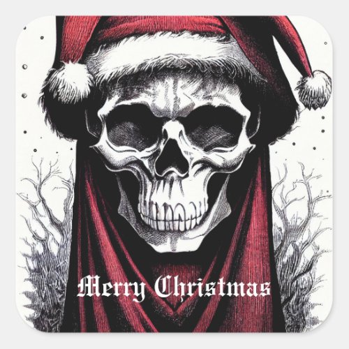 Scary Christmas Skull With Santa Hat Square Sticker