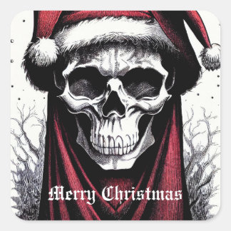 Scary Christmas Skull With Santa Hat Square Sticker