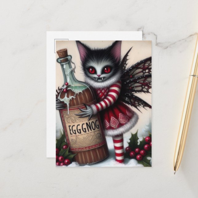 Scary Christmas Vampire Fairy Kitty With Eggnog Postcard (Front/Back In Situ)