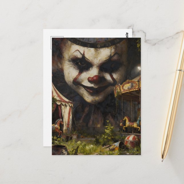 Scary Clown at the Abandoned Circus Postcard (Front/Back In Situ)