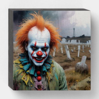 Scary clown in a cemetery wooden box sign
