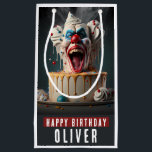 Scary clown themed Birthday Gift Bag<br><div class="desc">A Birthday gift bag featuring a Scary clown themed birthday cake with "Happy Birthday",  all-caps bold font. Personalize it by adding your name(s).</div>