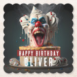 Scary clown themed Birthday Paper Coaster<br><div class="desc">Birthday paper coasters featuring a scary clown themed birthday cake with "Happy Birthday",  all-caps bold font. Personalize it by adding your name(s).</div>